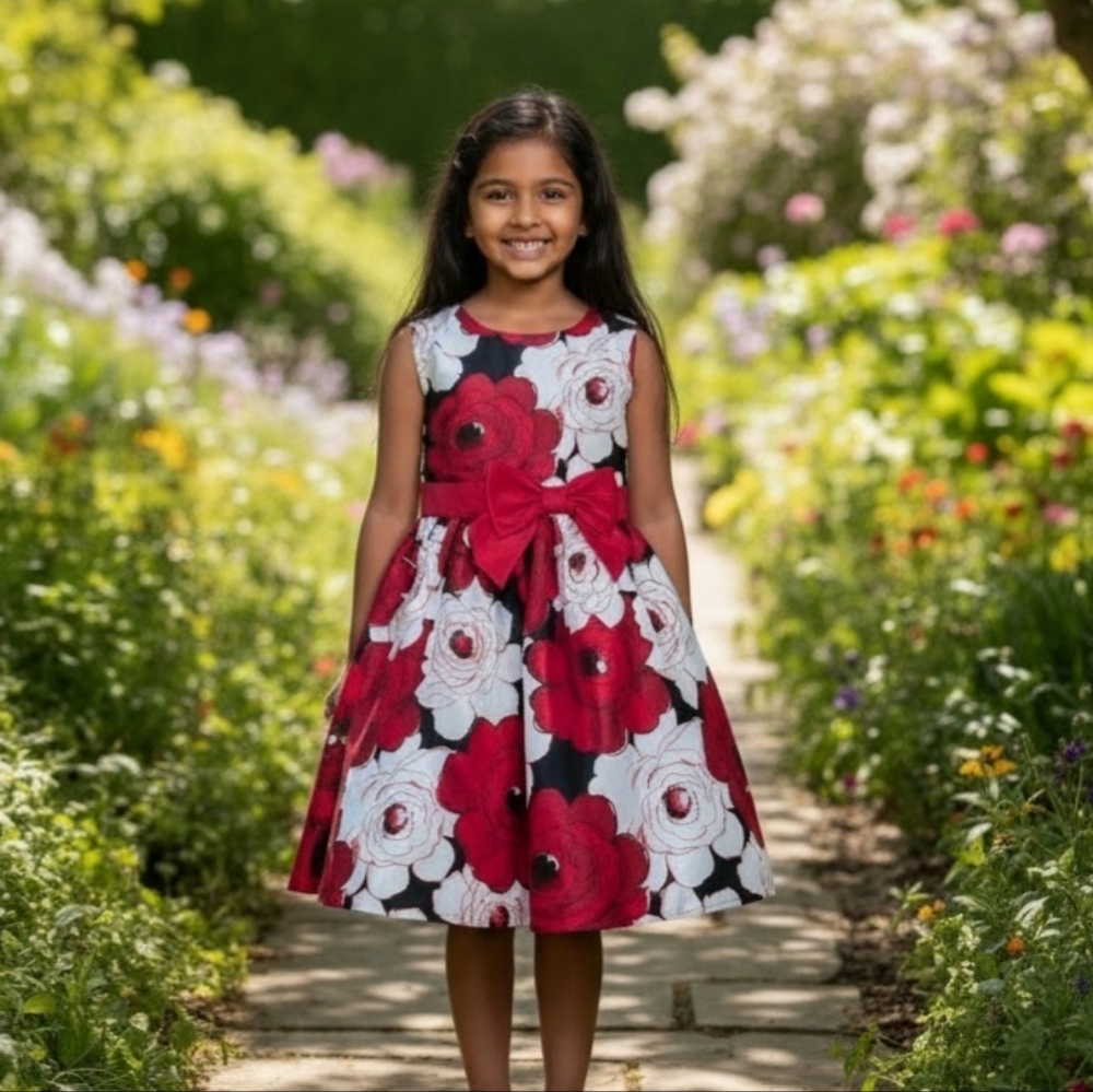 Gymboree Dressed Up Fit Flare Dress Red White Black Floral Roses Bow Girls Sz 12